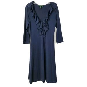 Lauren Ralph Lauren Blue V-neck Ruffle Trim Long Sleeve Jersey A-line Dress Sm